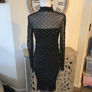 VENUS Black Long Sleeve Mesh Rhinestone Midi Length Elegant Dress NWOT